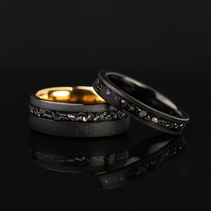 Meteorite Wedding Band Set: Black Tungsten Matching Rings