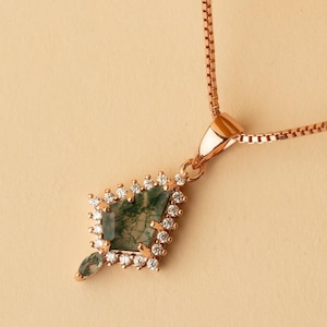 Green Moss Agate Kite Necklace: Rose Gold Plated 925 Silver, CZ Diamonds