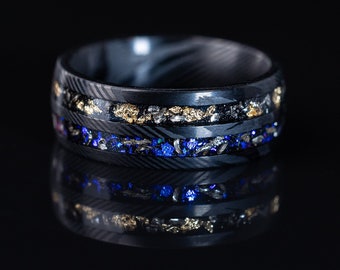 Damascus Nebula & Meteorite Crushed Gold Leaf Ring, Man Wedding Band, Damascus Black Steel Hammered Band, Blue Galaxy Meteorite, 8mm Ring