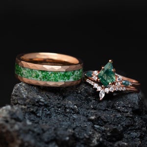 Moss Agate Ring Set: Tungsten Band, Sterling Silver Rose Gold Wedding Bands