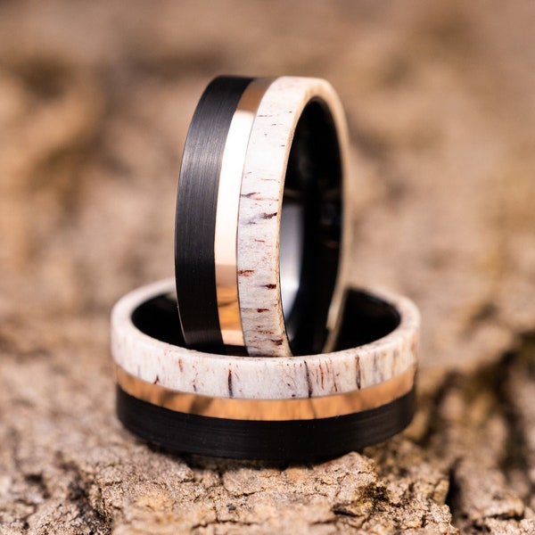 Deer Antler Ring, Black Tungsten Ring, Antler Black Tungsten Ring, Deer Wedding Band, Tungsten Ring for Men, 8mm Ring
