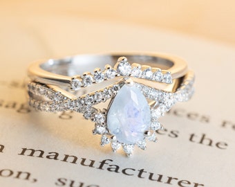 Pear Cut Moonstone Ring Set: Vintage Sterling Silver Promise Ring