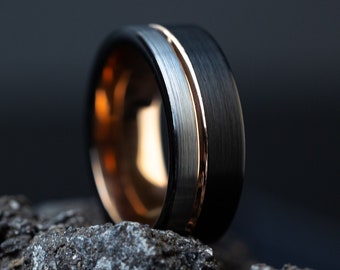 Tungsten Silver Ring, Mens Wedding Band, Mens Black Ring, Mens Wedding Ring, Rose Gold Inlay Band, Black and Silver Ring, Brushed Ring, 8mm