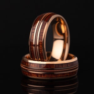 Guitar String & Whiskey Barrel Ring, Guitar String Ring, Wooden Inlay Band, Whiskey Barrel Ring, Rose Gold Band, Ring For Him, 8mm Ring