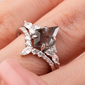 Kite Cut Salt & Pepper Diamond Ring: Sterling Silver Engagement Ring