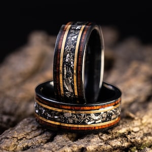 Burnt Whiskey Barrel Ring with Meteorite, Meteorite Wood Ring, Whisky Barrel Band, Wood Ring with Meteorite, Men's Wedding Band, 8mm Ring image 1