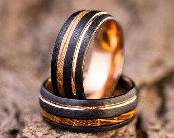 Double Whiskey Barrel Ring, Wood Inlay Ring, Wood Ring, Wooden Wedding Ring, Wood Wedding Band, Brown Ring, Tungsten Ring, 8mm Ring,