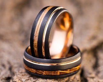 Anillo de tungsteno con incrustaciones de madera de barril de whisky - Anillo de boda chapado en marrón de 8 mm
