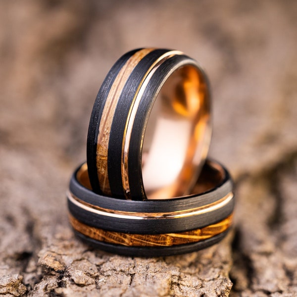 Double Whiskey Barrel Ring, Wood Inlay Ring, Wood Ring, Wooden Wedding Ring, Wood Wedding Band, Brown Ring, Tungsten Ring, 8mm Ring,