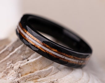 Whiskey Barrel Ring, Antler Hammered Ring, Charred Whiskey Barrel and Antler Ring, Black Wood Ring, Antler Band, Women's Wedding Band, 4mm