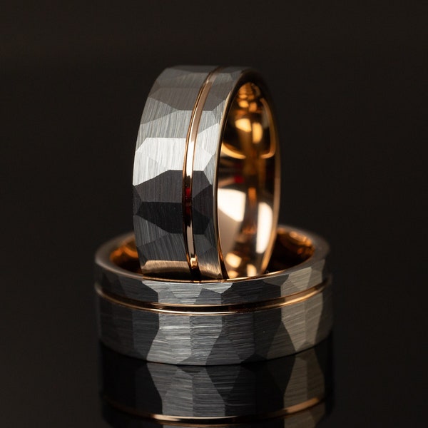 Tungsten Ring, Rose Gold Strip Band, Rose Gold Inlay Ring, Hammered Men's Wedding Band, Brushed Ring, Bronze Ring, 8mm Ring
