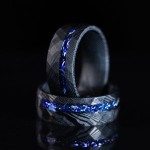Damascus Steel Meteorite Ring: Black Hammered Band with Blue Galaxy Inlay