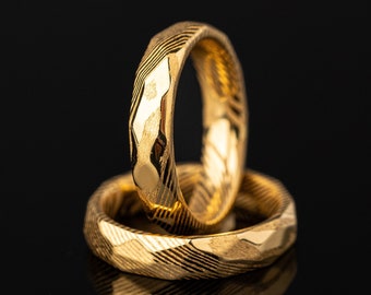 Gold-Plated Damascus Steel Ring: Hammered Wedding Band, 4mm