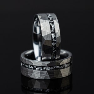Hammered Meteorite Tungsten Ring: Silver Faceted Wedding Band (8mm)