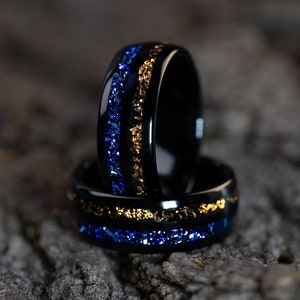 Nebula & Meteorite Crushed Gold Leaf Ring, Man Wedding Band, Tungsten Black Meteorite Band, Blue Galaxy Meteorite, 8mm Ring