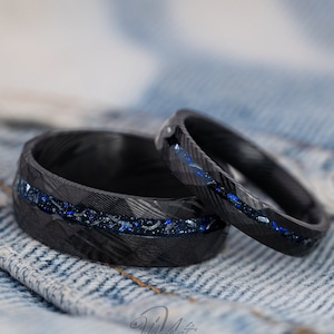 Damascus Meteorite Ring Set: Nebula Galaxy Inlay, His and Hers Wedding Bands
