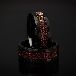 Black Tungsten Mens Ring: Crushed Fire Opal Hammered Wedding Band, 8mm