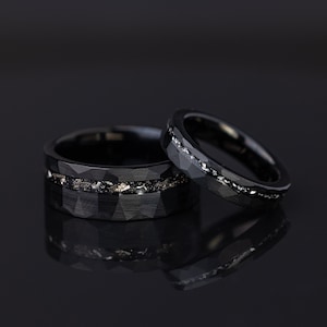 Custom Engraved Meteorite Tungsten Ring: Hammered Black Wedding Band