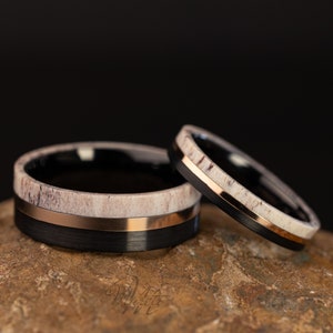 Hirschgeweih Eheringe Set: Wolfram Wolfram & 18K Rose Gold Einlage