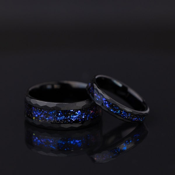 Space Galaxy Ring, Couples Set Space Galaxy Ring, His and Hers Wedding Rings, Hammered Wedding Ring Set, Black Opal and Blue Sandstone Ring