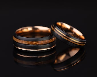 Double Whiskey Barrel Ring, Couples Ring, His and Hers Wedding Rings, Wood Inlay Ring, Wood Ring, Wooden Wedding Ring, Wood Wedding Band