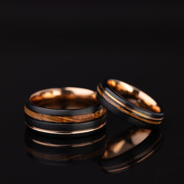 Anillo de tungsteno con forma de barril de whisky: alianza de madera para él y para ella