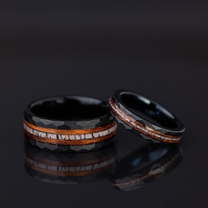 Whiskey Barrel Ring, Couples Wedding Set, Antler Hammered Ring, His Wedding Ring, Her Wedding Ring, Black Wood Ring, Couple Set, Antler Ring