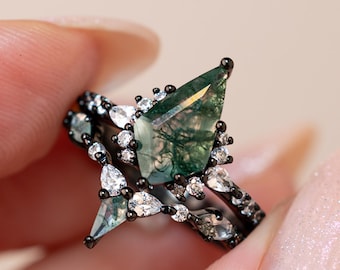 Moss Agate Ring Set, Sterling Silver Gun Plated and Nature-Inspired Ring