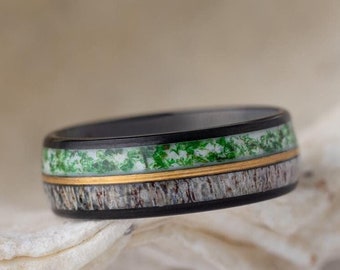 Moss Agate Deer Antler Tungsten Ring - 8mm Wedding Band