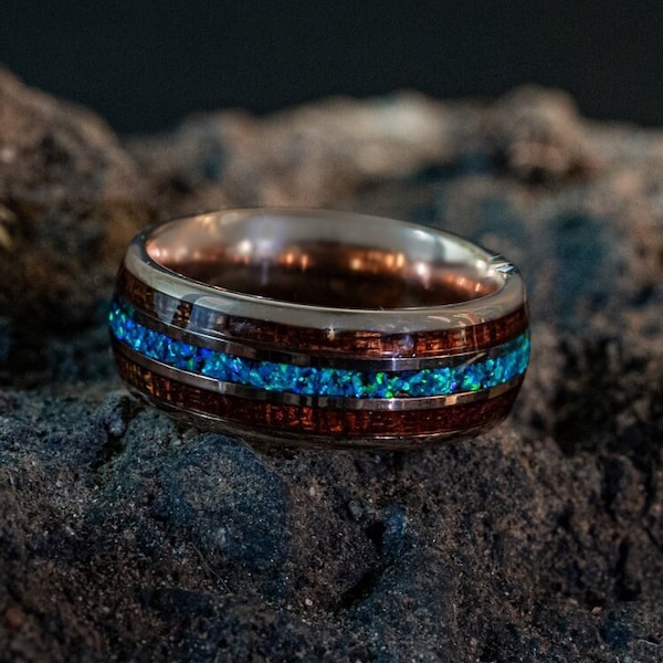 Opal Wood Ring, Rose Gold Tungsten Wood Band, Men's Wooden Ring, Koa Wood Blue Opal Tungsten Ring, Wood Wedding Band, Hawaiian Koa 8mm Ring