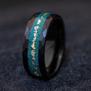 Natural Malachite Ring, Malachite & Gold Leaf Combination, Real Wedding Band, Hammered Ring, Gold Leaf Ring, Real Malachite Tungsten, 8mm