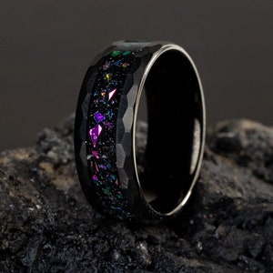 Custom Space Galaxy Ring, Pink Galaxy Ring, Pink Space Band, Hammered Custom Engraved Ring, Black Opal and Pink Sandstone Ring, 8mm