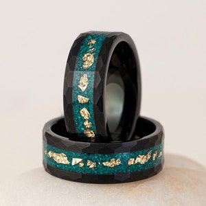 Natural Malachite, Gold Leaf Ring, Real Malachite Tungsten Ring, Malachite and Gold Leaf Ring, Hammered Ring For Men, Real Wedding Band, 8mm