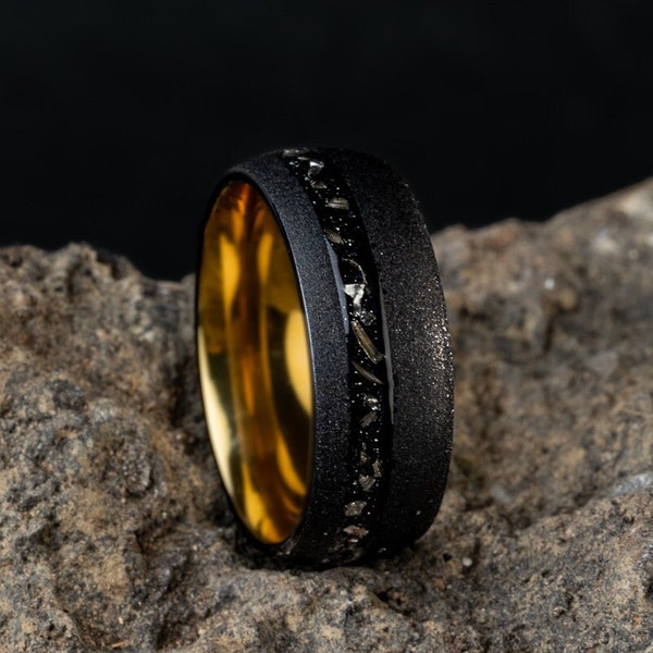 Custom Meteorite Ring Black, Custom Engraved Wedding Band Box, Personalized Sandblasted Brushed Meteorite Band, Meteor Ring for Men, 8mm