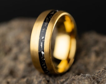 Custom Meteorite Ring Gold, Gold Meteorite Wedding Band for Men, Unique Custom Engraved Box, Black and Gold Meteor Wedding Band, 8mm