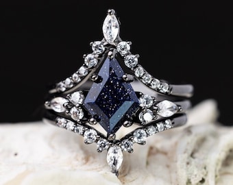 Kite Blue Sandstone Ring: Galaxy Sterling Silver Wedding Set