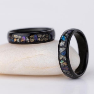 Black Tungsten Opal Ring: Colorful Stone Inlay Wedding Band, 6mm
