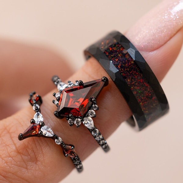 Garnet & Crushed Fire Opal Ring Set: Sterling Silver Matching Rings