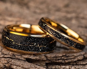 Tungsten Wedding Band Set: Gold-Plated Cosmic Galaxy Rings