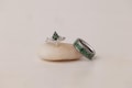 Moss Agate Ring Set: Tungsten Band, Couples Wedding Bands