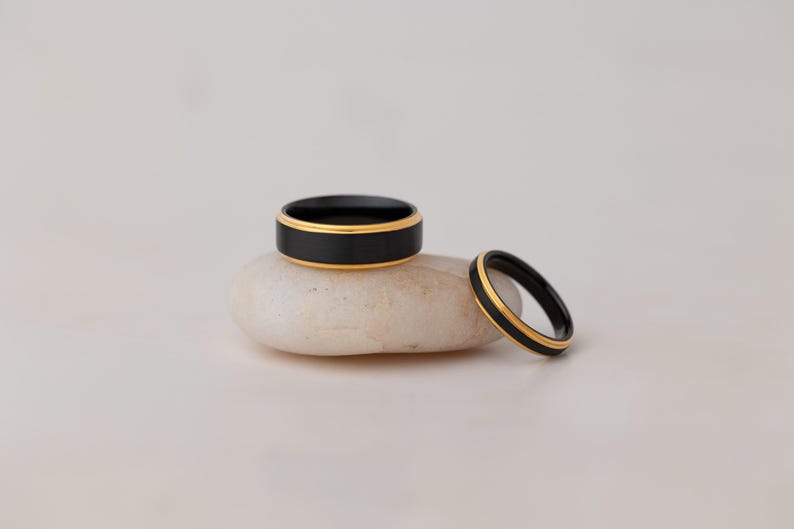 Brushed Black Tungsten Ring: 24k Gold-Plated Band, 8mm Mens Wedding Ring image 6