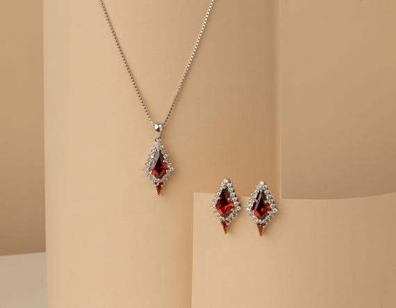 Rhodium Plated Silver Garnet Necklace and Earrings Set