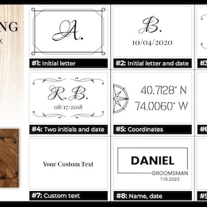 May include: Image displaying engraving choices for a wooden box. Options include initial letters, initials with dates, coordinates, custom text, names, and Roman numerals. The text "ENGRAVING wooden box" is at the top.