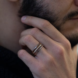 K&ouml;nnte beinhalten: Ein Holzring mit zwei silbernen B&auml;ndern. Der Ring wird am Finger einer Person getragen.