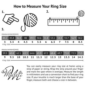 K&ouml;nnte beinhalten: Eine Schwarzwei&szlig;illustration, die zeigt, wie man die Ringgr&ouml;&szlig;e mit einem Band oder einem Lineal misst. Die Illustration enth&auml;lt eine Tabelle mit Ringgr&ouml;&szlig;en in Millimetern und den entsprechenden US-Ringgr&ouml;&szlig;en.