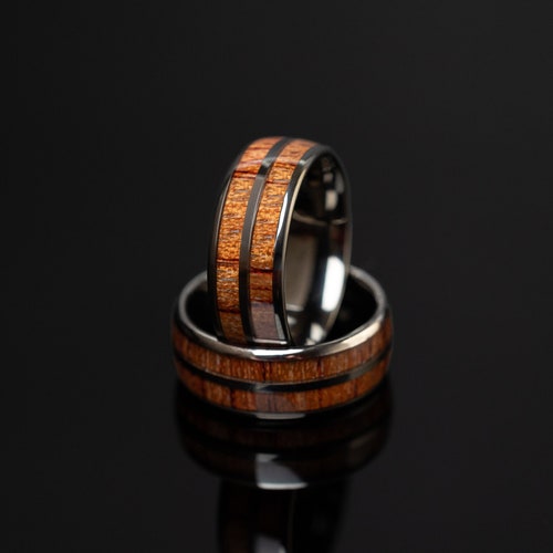 Whiskey Barrel Wood Inlay Tungsten Ring - Unique Mens Wedding Band, 8mm