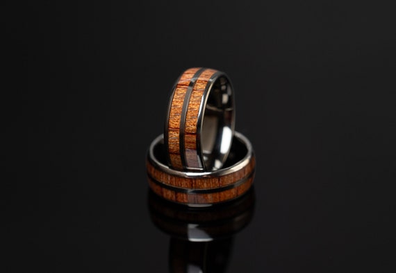 Whiskey Barrel Wood Inlay Tungsten Ring - Unique Mens Wedding Band, 8mm