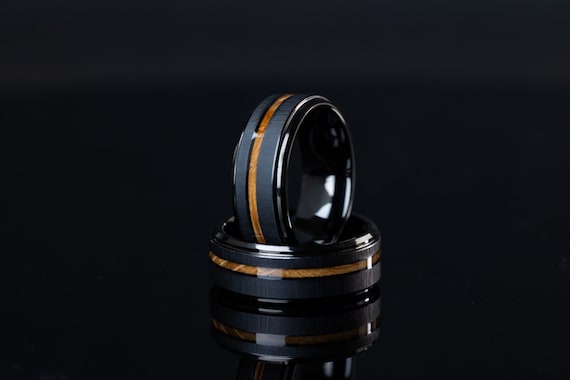Black Tungsten Whiskey Barrel Wood Inlay Ring - 8mm Mens Wedding Band