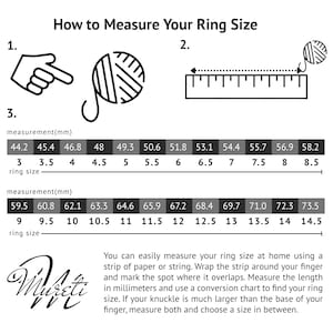 May include: A black and white illustration showing how to measure your ring size using a string or ruler. The illustration includes a chart with ring sizes in millimeters and corresponding US ring sizes.