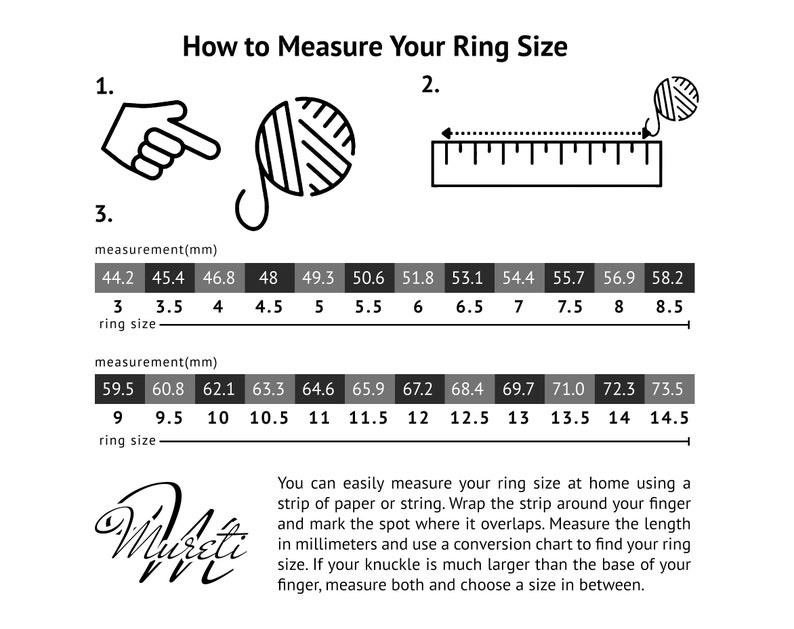 May include: A black and white illustration showing how to measure your ring size using a string or ruler. The illustration includes a chart with ring sizes in millimeters and corresponding US ring sizes.